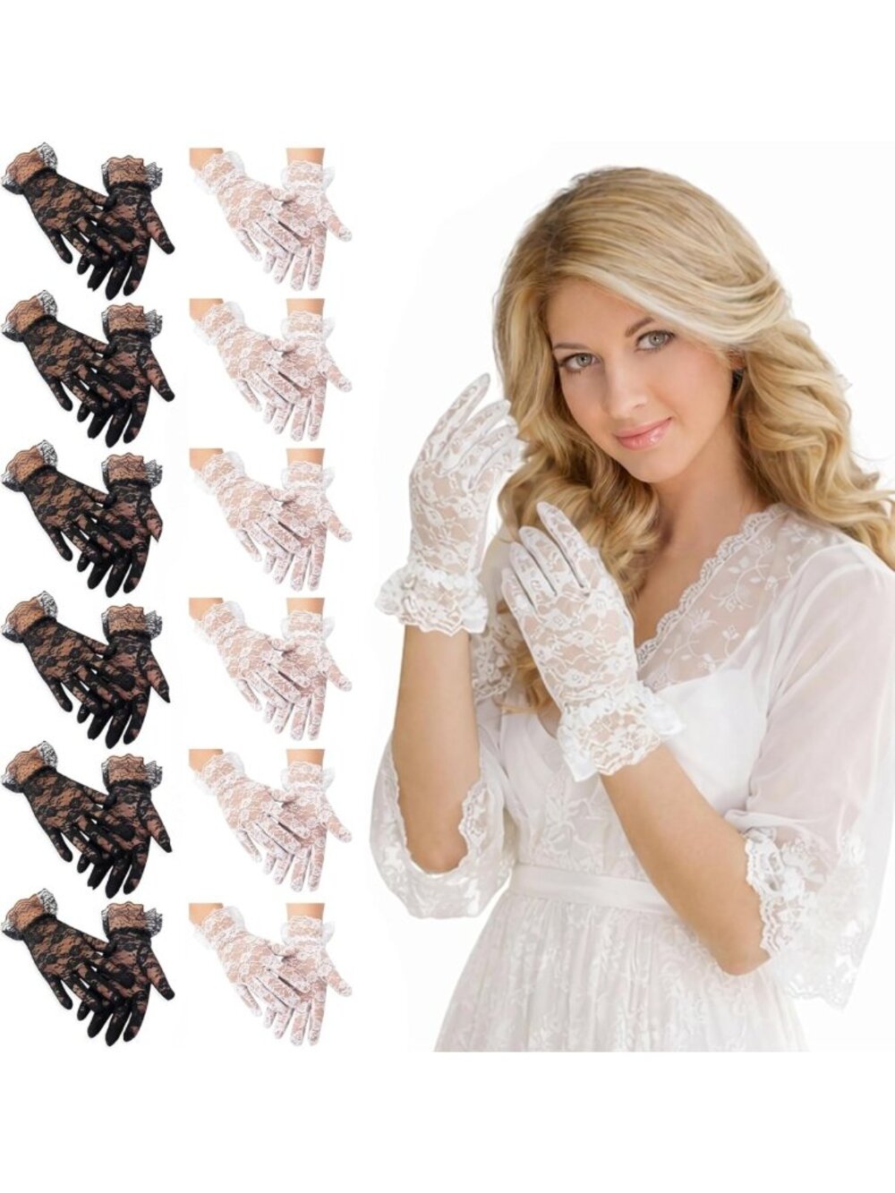 Elegant Vintage Floral Lace Gloves - 12 Pcs Short Dress Gloves for Wedding, Prom